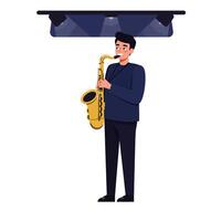 Saxophonist playing music under stage lights in flat art style vector