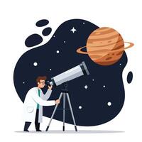 Scientist observing planet through telescope in flat art style vector