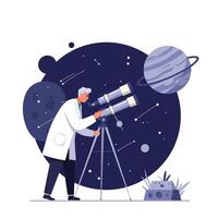 Scientist observing planets through telescope in minimal illustration vector