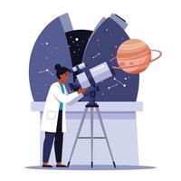 Astronomer observing planet through telescope in flat art illustration vector