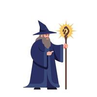 Wizard character in blue robe with staff and glowing symbol flat art vector