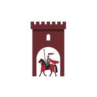 Knight on Horseback Passing Through Castle Gate in Flat Art vector