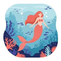 Mermaid swimming in vibrant underwater scene with colorful corals in flat illustration vector