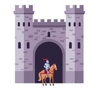 Knight on Horseback in Front of Castle Gate in Flat Art vector