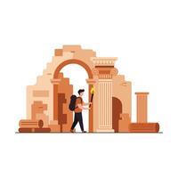 Adventurer exploring ancient ruins in minimal style art vector