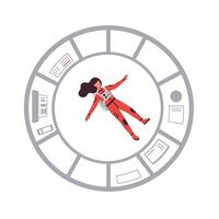 Astronaut floating in space with minimal design elements and circular frame illustration vector