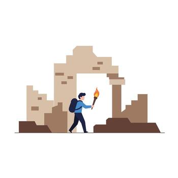 Adventurer exploring ancient ruins with torch in flat art style vector