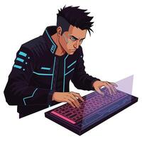 Futuristic character using holographic keyboard in flat art vector