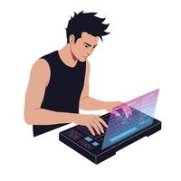 Young man using futuristic laptop with holographic display in flat art vector