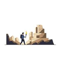 Adventurous hiker exploring ancient ruins in minimal flat art vector