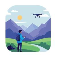 Person operating a drone in a green valley with mountains flat illustration vector
