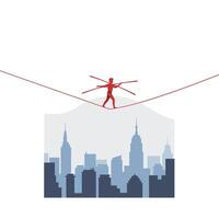 Tightrope walker balancing above city skyline in minimal art vector