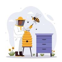 Beekeeper tending to hive with bees in a flat and colorful illustration vector
