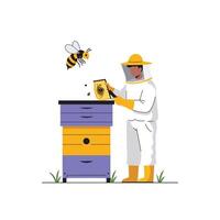 Beekeeper harvesting honey from hive in flat art illustration vector