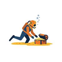 Diver retrieving treasure from chest in flat art style vector