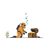 Diver discovering treasure chest underwater in minimal art vector