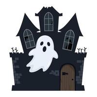 Ghost emerging from a spooky haunted house in flat art style vector