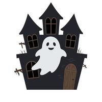 Ghost floating near spooky haunted house in flat art vector