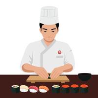Sushi chef preparing rolls in flat style art illustration vector