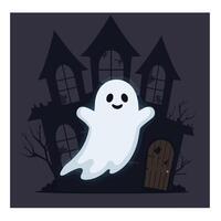 Cute ghost character floating in front of spooky house flat art vector