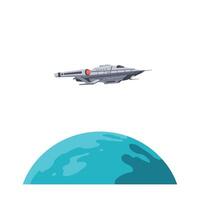 Futuristic spaceship gliding above a vibrant blue planet in flat art vector