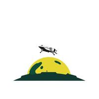 Rocket launching from a green hill with a large yellow sun in flat art vector