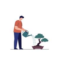 Man watering a bonsai tree in flat illustration style art vector