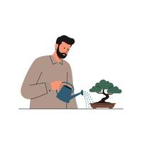 Man watering a bonsai tree in a flat style illustration vector