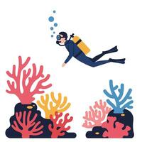 Scuba diver exploring colorful coral reef in flat art style illustration vector