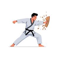 Karate practitioner breaking board in dynamic pose flat illustration vector