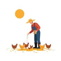 Farmer feeding chickens in a sunny field using flat art style vector