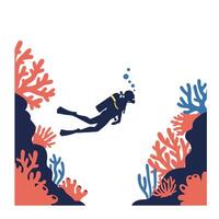 Diver exploring vibrant coral reefs in minimal flat illustration vector