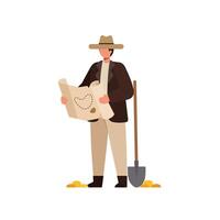 Treasure hunter with map and shovel in flat art style vector
