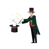 Magician performing a magic trick with a rabbit in a top hat, flat art vector