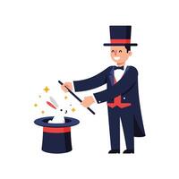 Magician performing a magic trick with a rabbit in a top hat flat art vector