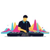 DJ performing live with colorful sound waves in flat art vector