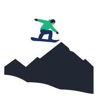 Snowboarder performing a jump on a mountain peak in flat art vector