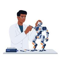 Scientist repairing robot with tools in a flat digital illustration vector