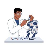 Technician repairing a robot with tools in a flat illustration vector