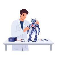 Robot assembly process with scientist adjusting components in flat art vector