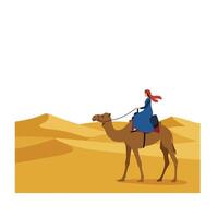 Camel rider traversing sandy dunes in flat minimalist art vector