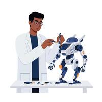 Robot assembly process featuring a technician in flat illustration style vector