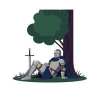 Knight resting under a tree in flat illustration style with sword nearby art vector
