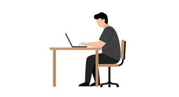 Man sitting at desk working on laptop in minimal flat art vector