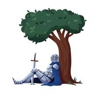Knight resting under a tree in flat art style with detailed features and colors illustration vector