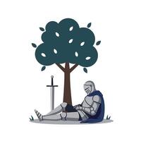 Knight resting under a tree in flat minimal art vector