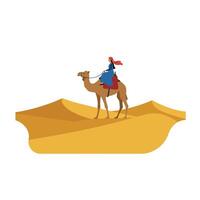 Camel rider traversing golden dunes in minimal flat design art vector