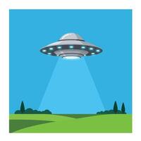 UFO hovering above green landscape in flat, minimal art vector
