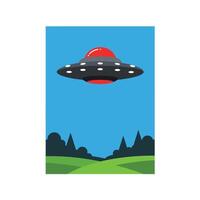 UFO hovering above green hills with blue sky in flat art vector