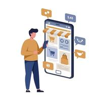 Person interacting with mobile shopping app in flat illustration vector